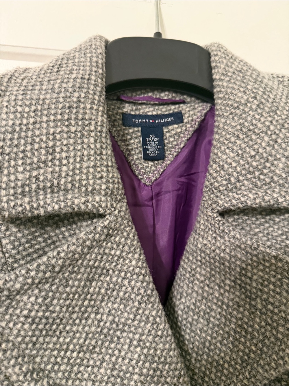 Tommy Hilfiger Gray Tweed Coat with Purple Lining